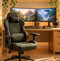 Quarto gamer com mesa de dois monitores, cadeira gamer, prateleira e cama ao fundo