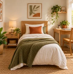 Quarto de solteiro com cama de madeira, manta verde, escrivaninha e plantas