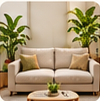 Sala com sofá claro de linho, almofadas, mesa de centro de madeira e plantas