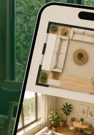 Celular mostrando a planta da sala vista de cima e, embaixo, a mesma sala em 3D